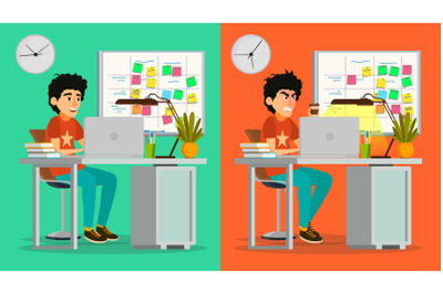 Stressed Out Man Vector. Young Coder Working At Office. Stressful Work, Job. Tired Junior Programmer. Person. Hard Career. Company Employee. Software Development. Flat Cartoon Character Illustration