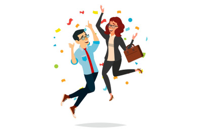 Business Couple Jumping Vector. Man And Woman. Entrepreneurship, Accomplishment. Best Worker, Achiever. Modern Office Employee, Manager Celebrating Success. Isolated Cartoon Character Illustration