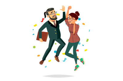 Business Couple Jumping Vector. Man And Woman. Objective Attainment, Achievement. Best Worker, Achiever. Isolated Flat Cartoon Character Illustration