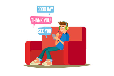 Teen Boy Vector. Teen Boy Texting With Cell Phone. Smart Phone Chatting Addiction. Cartoon Character Illustration