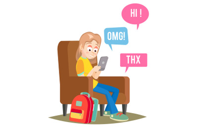 Teen Girl Vector. Happy Girl Talking, Chatting On Network. Devices And Social Media Addiction. Isolated Flat Cartoon Character Illustration