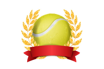 Tennis Award Vector. Sport Banner Background. Yellow Ball&2C; Red Ribbon&2C; Laurel Wreath. 3D Realistic Isolated Illustration