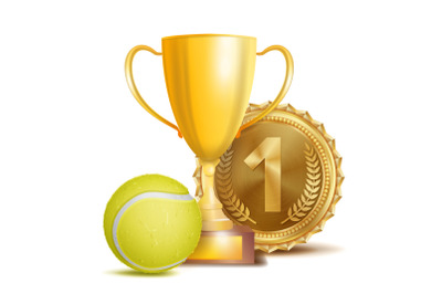 Tennis Award Vector. Sport Banner Background. Yellow Ball&2C; Gold Winner Trophy Cup&2C; Golden 1st Place Medal. 3D Realistic Isolated Illustration