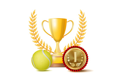 Tennis Achievement Award Vector. Sport Banner Background. Yellow Ball&2C; Winner Cup&2C; Golden 1st Place Medal. Realistic Isolated Illustration