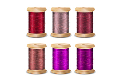 Thread Spool Set. Bright Old Wooden Bobbin. Isolated On White Background For Needlework And Needlecraft. Stock Vector Illustration