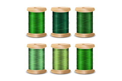 Thread Spool Set. Bright Old Wooden Bobbin. Isolated On White Background For Needlework And Needlecraft. Stock Vector Illustration