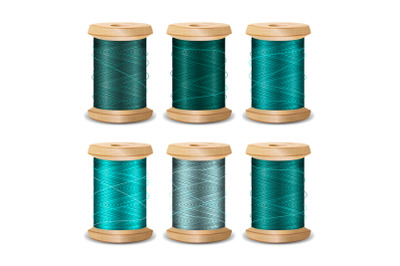 Thread Spool Set. Bright Old Wooden Bobbin. Isolated On White Background For Needlework And Needlecraft. Stock Vector Illustration