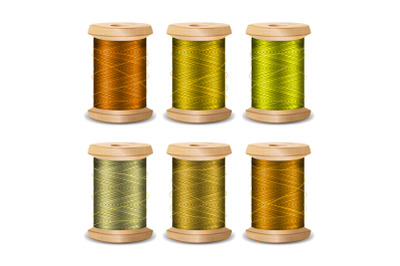 Thread Spool Set. Bright Old Wooden Bobbin. Isolated On White Background For Needlework And Needlecraft. Stock Vector Illustration