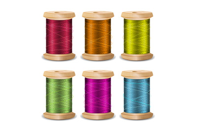 Thread Spool Set. Bright Old Wooden Bobbin. Isolated On White Background For Needlework And Needlecraft. Stock Vector Illustration