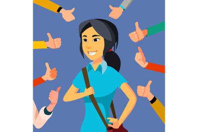 Thumbs Up Business Woman Vector. Public Approval. Asian Worker. Surrounded By Hands. Business Illustration