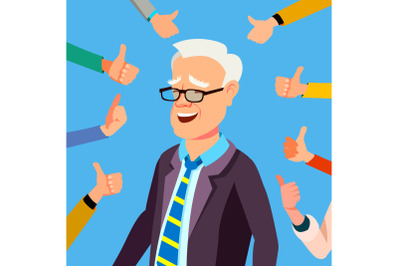 Thumbs Up Businessman Vector. Professional Office Worker. Public Respect. Show Approval Gesture. Business Illustration