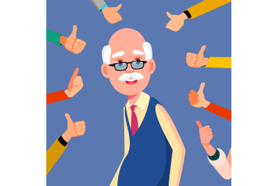 Thumbs Up Old Man Vector. Public Respect. Business Illustration