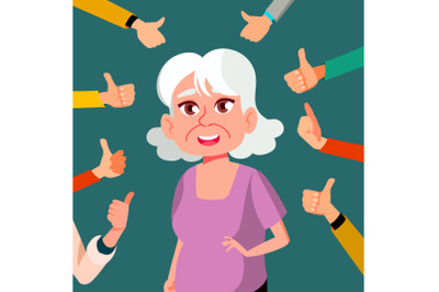 Thumbs Up Old Woman Vector. Public Approval. A Lot Of Hands. Shows Gesture Cool. Business Illustration