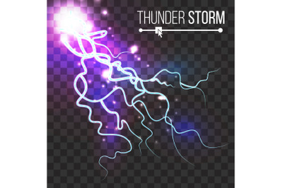 Realistic Lightning Strike Vector. Blue Flash. Isolated On Transparent Background. Electricity Effect Illustration