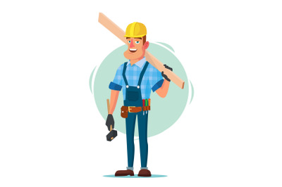 Timber Frame House Construction Worker Vector. Construction Worker On Framing A Building. Isolated Flat Cartoon Character Illustration