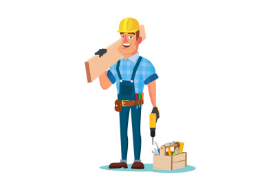 Construction Worker Building Timber Frame Vector. Classic Uniform And Helmet. Wooden Boards. Flat Cartoon Illustration