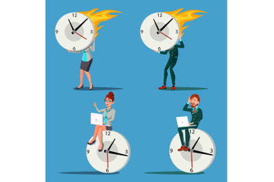 Time Management Man, Woman Vector. Procrastination. Control. Huge Clock, Watch. Business Illustration