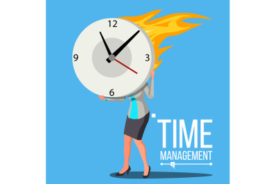 Time Management Woman Vector. Free Time. Control. Management. Business Illustration