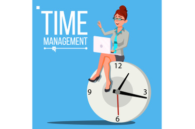 Time Management Woman Vector. Management. Organization Of Work Process. Business Illustration