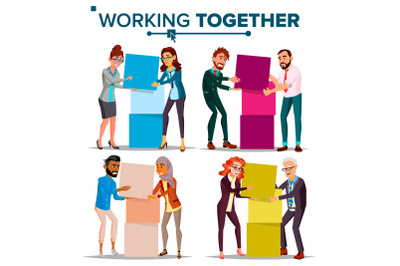 Working Together Concept Vector. Communication, Cooperation. Businessman And Business Woman. Teamwork. Successful Collective. Busy Day. Co-workers. Business People. Isolated Cartoon Illustration