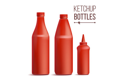 Tomato Ketchup Bottle Set Vector. 3D Realistic Blank. Plastic Red Tomato, Sauce Bottles. Mock Up Good For Branding Design. Isolated On White Background Illustration