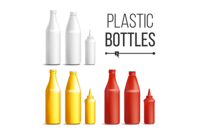 Blank White, Red, Yellow Plastic Bottles Vector. 3D Realistic Blank. Plastic Red Tomato, Mustard, Sauce, Mayonnaise Bottles. Mock Up Good For Branding Design. Isolated On White Background Illustration