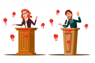 Fail Speech Vector. Businessman, Woman. Unsuccessful Messaging, Presentation. Bad Feedback. Having Tomatoes From Crowd. Tribune, Rostrum With Microphone. Failed Communication. Isolated Illustration