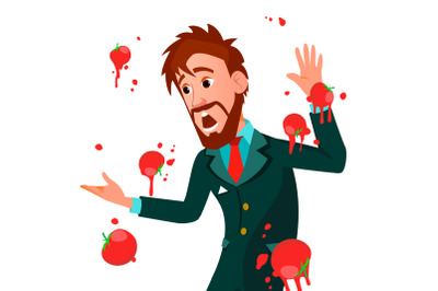 Businessman Having Tomatoes Fail Speech Vector. Unsuccessful Presentation. Bad Public Speech. European Man Having Tomatoes From Crowd. Isolated Illustration