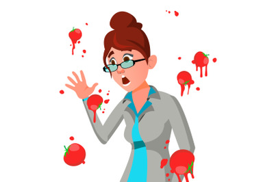 Business Woman Having Tomatoes Fail Speech Vector. Unsuccessful Presentation. Bad Public Speech. European Woman Having Tomatoes From Crowd. Isolated Illustration