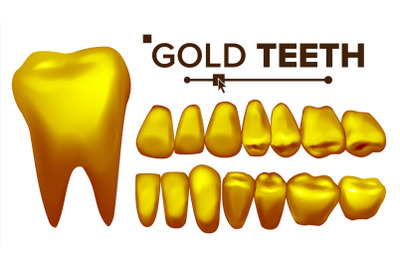 Golden Tooth Vector. Metal Gold Human Teeth. Isolated Illustration