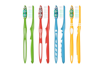 Toothbrush Set Vector. Realistic Plastic Toothbrushes. Different Colors. Top View. Isolated Illustration