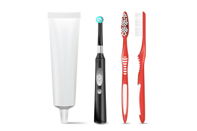 Plastic&2C; Electric Toothbrush&2C; Toothpaste Tube Vector. Mock Up For Branding Design. Isolated Dental Concept. Illustration.