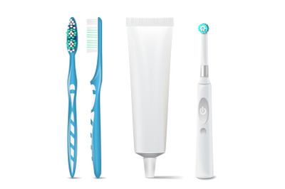 Toothpaste Tube&2C; Plastic And Electric Toothbrush Vector. Mock Up For Branding Design. Isolated Dental Care Health&2C; Hygiene Healthy Illustration.