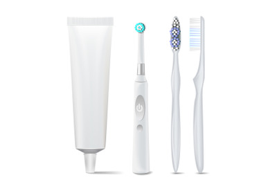 Electric And Plastic Toothbrush&2C; Toothpaste Tube Vector. Mock Up For Branding Design. Medicine Hygiene Concept. Isolated Illustration.