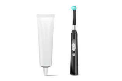 Electric Toothbrush, Toothpaste Tube Vector. Realistic Classic Tooth Brush Mock Up For Branding Design. Isolated On White Illustration.