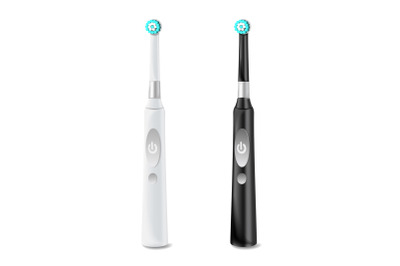 Electric Toothbrush Set Vector. Realistic Classic Tooth Brush Mock Up For Branding Design. Black And White. Isolated On White Illustration.