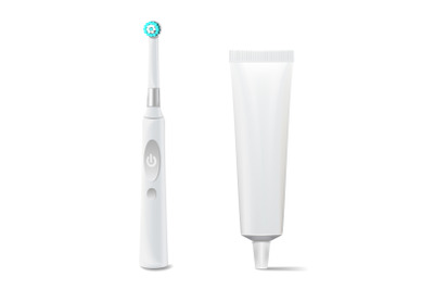 Toothbrush And Toothpaste Tube Vector. Realistic Electric Tooth Brush Mock Up For Branding Design. Isolated On White Illustration.