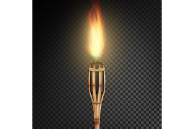 Burning Beach Bamboo Torch With Flame. Realistic Fire. Realistic Fire Torch Isolated On Transparent Background. Vector Illustration