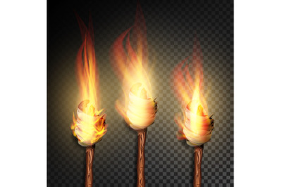 Torch With Flame. Burning In The Dark Transparent Background Realistic Torch With Flame. Vector Illustration