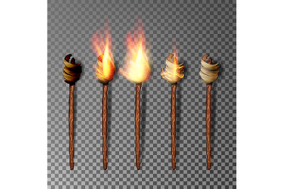 Torch With Flame. Realistic Fire. Realistic Fire Torch Isolated On Transparent Background. Vector Illustration