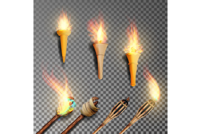 Torch With Flame. Realistic Fire. Realistic Fire Torch Isolated On Transparent Background. Vector Illustration