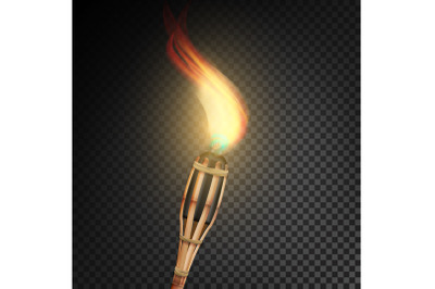 Burning Beach Bamboo Torch With Flame. Realistic Fire. Realistic Fire Torch Isolated On Transparent Background. Vector Illustration