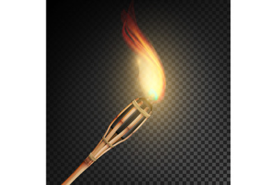 Burning Beach Bamboo Torch With Flame. Realistic Fire. Realistic Fire Torch Isolated On Transparent Background. Vector Illustration