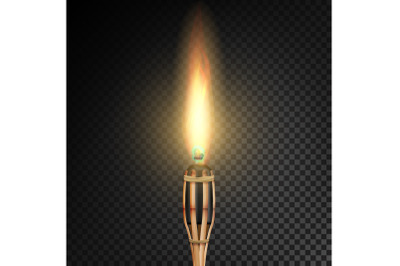 Burning Beach Bamboo Torch With Flame. Realistic Fire. Realistic Fire Torch Isolated On Transparent Background. Vector Illustration