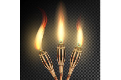 Burning Beach Bamboo Torch. Burning In The Dark Transparent Background Realistic Torch With Flame. Vector Illustration