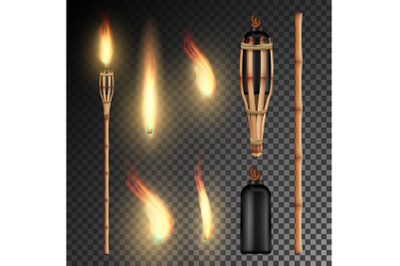 Burning Beach Bamboo Torch. Burning In The Dark Transparent Background Realistic Torch With Flame. Vector Illustration