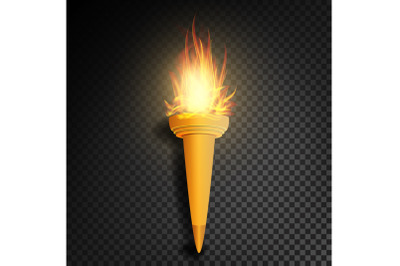 Torch With Flame. Burning In The Dark Transparent Background Realistic Torch With Flame. Vector Illustration