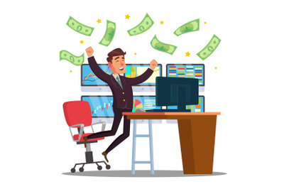 Professional Trader Vector. Online Working Trader With Monitor. Multiple Computer Screens. Flat Cartoon Illustration