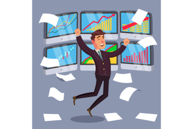 Successful Trader Vector. Stock Market Graph Diagram. Ascending Graphs. Data Analyses. Isolated On White Cartoon Character Illustration