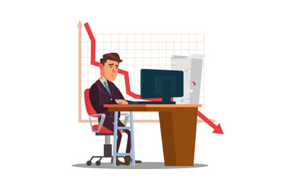 Unhappy Trader Man Vector. Trader Desk In Trader Room. Statistical Reports Spread. Investment Purposes. Isolated Flat Sad Cartoon Character Illustration